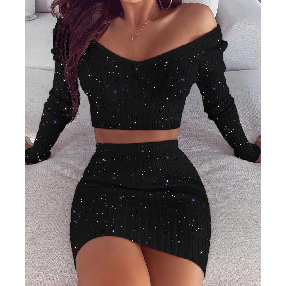 Wepbel Summer 2 Piece Sets Outfits Long Sleeve Tops off Shoulder Tshirts Tops Skinny Skirts Gold Dress Sets Women Pencil Skirts