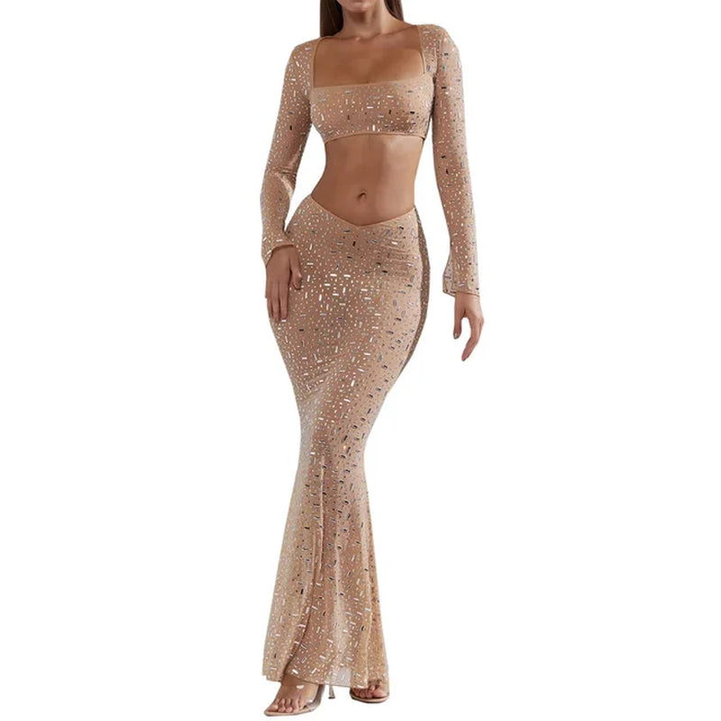 2024 Spring Summer New Women'S Solid Color Sexy Rhinestone Tank-Top Mermaid Skirt Dress Two-Piece Set