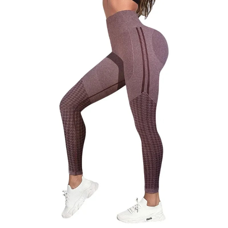 Women Seamless Printed Leggings Outdoor Fitness Leggings High Waist Hip Liftting Spliced Fashion Gym Running Elastic Yoga Tights