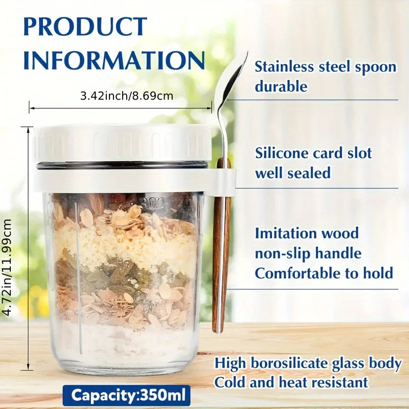 1Pc Overnight Oat Cup Glass with Lid and Spoon 12Oz Seal Food Breakfast Cup Portable Cereal Milk Salad Yogurt Cup