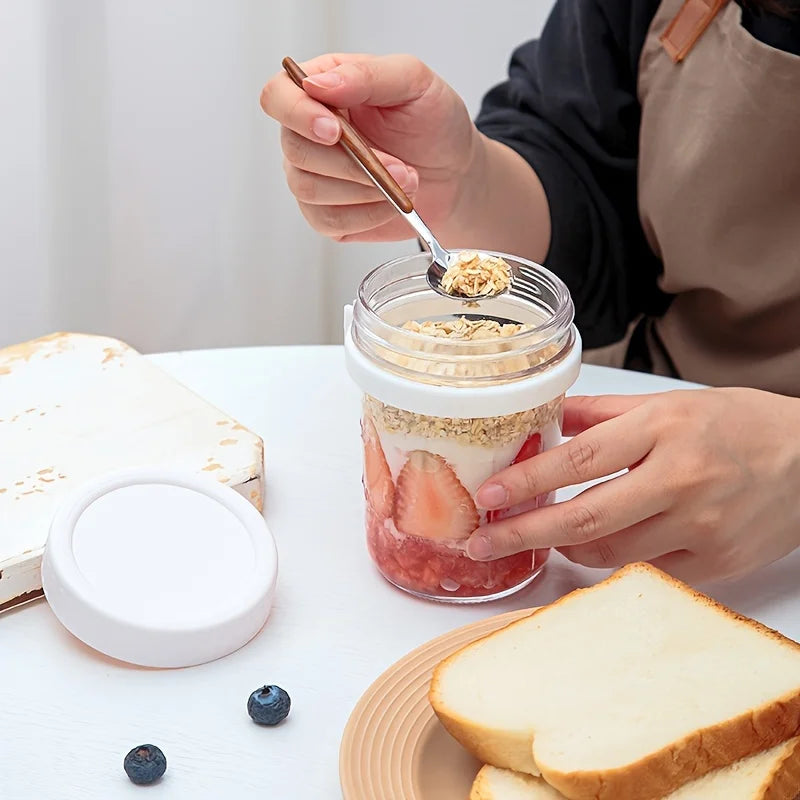 1Pc Overnight Oat Cup Glass with Lid and Spoon 12Oz Seal Food Breakfast Cup Portable Cereal Milk Salad Yogurt Cup