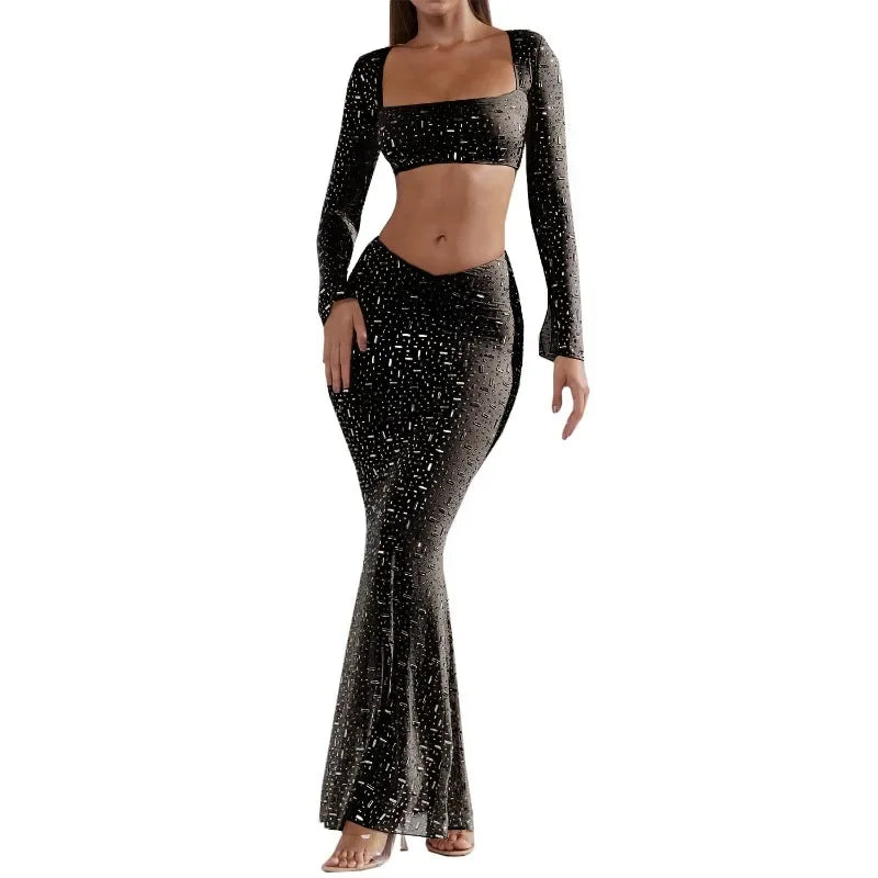 2024 Spring Summer New Women'S Solid Color Sexy Rhinestone Tank-Top Mermaid Skirt Dress Two-Piece Set