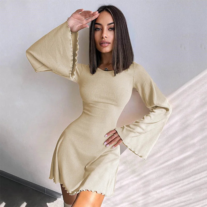 Sexy Dresses Nightclub Mini Short Party Dress Women Back Bandage O Neck a Line Flare Sleeves Autumn Vestidos Ladies Fall Robe