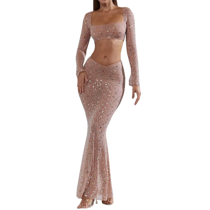 2024 Spring Summer New Women'S Solid Color Sexy Rhinestone Tank-Top Mermaid Skirt Dress Two-Piece Set