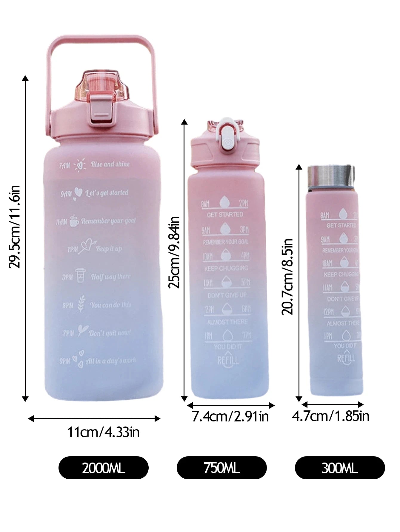 3Pcs 2000Ml,750Ml,300Ml Gradient Water Bottles Set, Portable, Leak Proof, ,Sports Water Bottle with Time Marker Outdoor Fitness