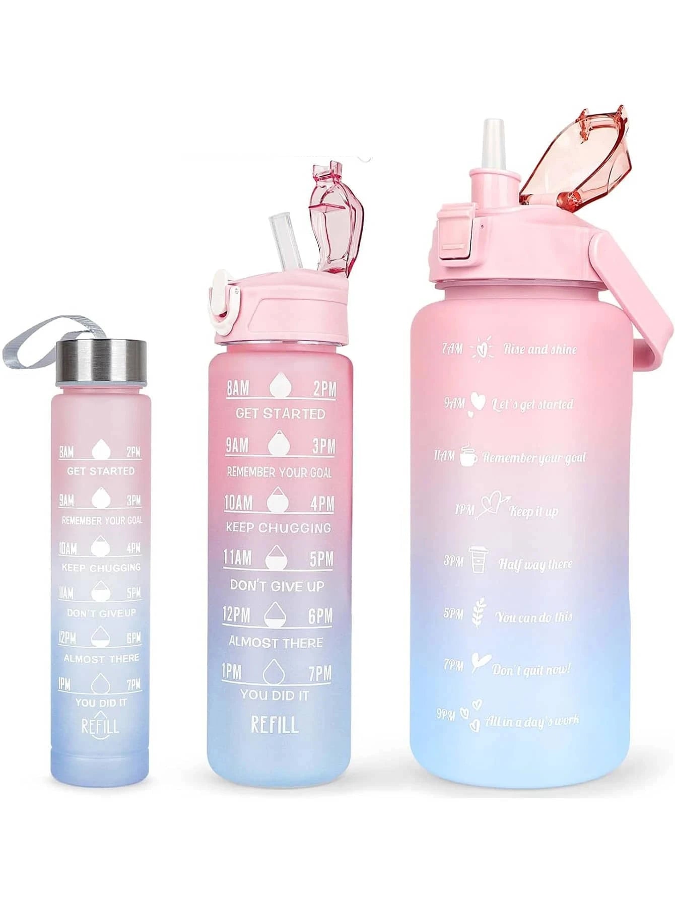 3Pcs 2000Ml,750Ml,300Ml Gradient Water Bottles Set, Portable, Leak Proof, ,Sports Water Bottle with Time Marker Outdoor Fitness