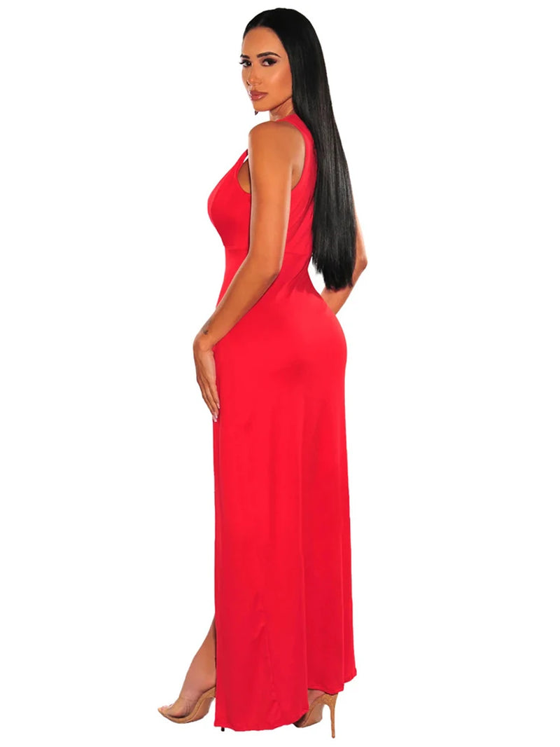 Sexy Deep V Neck High Split Bodycon Cocktail Party Maxi Dress Women Formal Evening Dress Solid Red Summer Long Club Dress