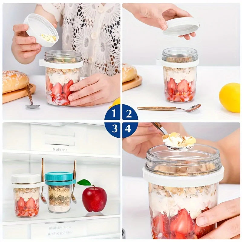 1Pc Overnight Oat Cup Glass with Lid and Spoon 12Oz Seal Food Breakfast Cup Portable Cereal Milk Salad Yogurt Cup