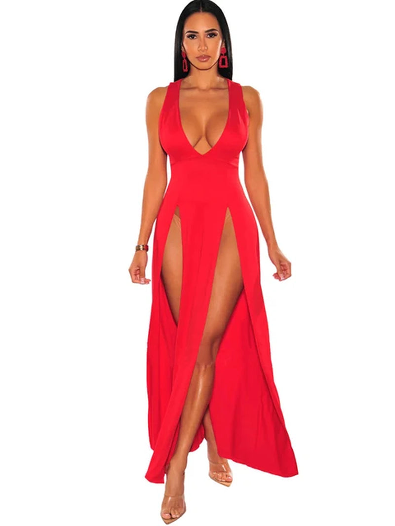 Sexy Deep V Neck High Split Bodycon Cocktail Party Maxi Dress Women Formal Evening Dress Solid Red Summer Long Club Dress