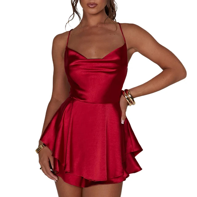 Women Satin Short Romper Dress Sleevesless Bandage Backless Dress Spaghetti Strap Jumpsuit Mini Dress Party Clubwear