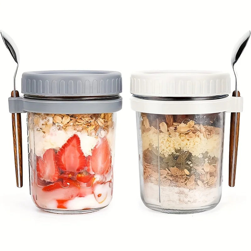 1Pc Overnight Oat Cup Glass with Lid and Spoon 12Oz Seal Food Breakfast Cup Portable Cereal Milk Salad Yogurt Cup