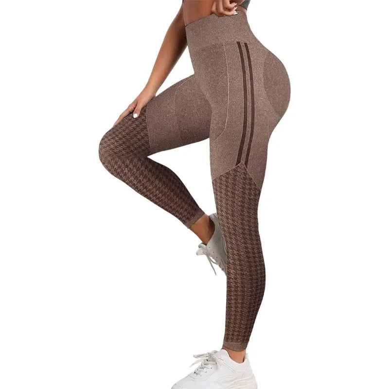 Women Seamless Printed Leggings Outdoor Fitness Leggings High Waist Hip Liftting Spliced Fashion Gym Running Elastic Yoga Tights