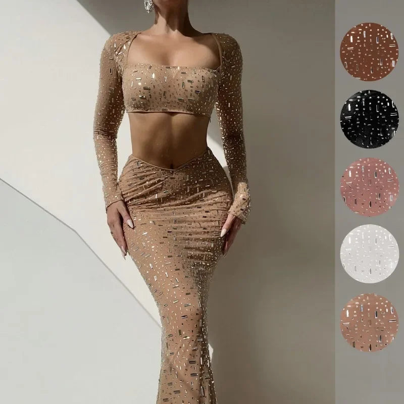 2024 Spring Summer New Women'S Solid Color Sexy Rhinestone Tank-Top Mermaid Skirt Dress Two-Piece Set