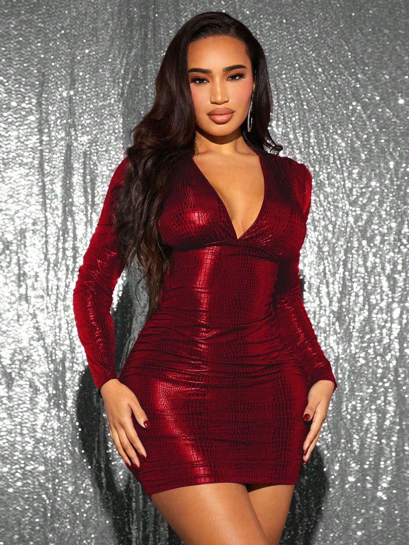 SXY Sexy Coated Pu Pleated Dress for Nightclub Party