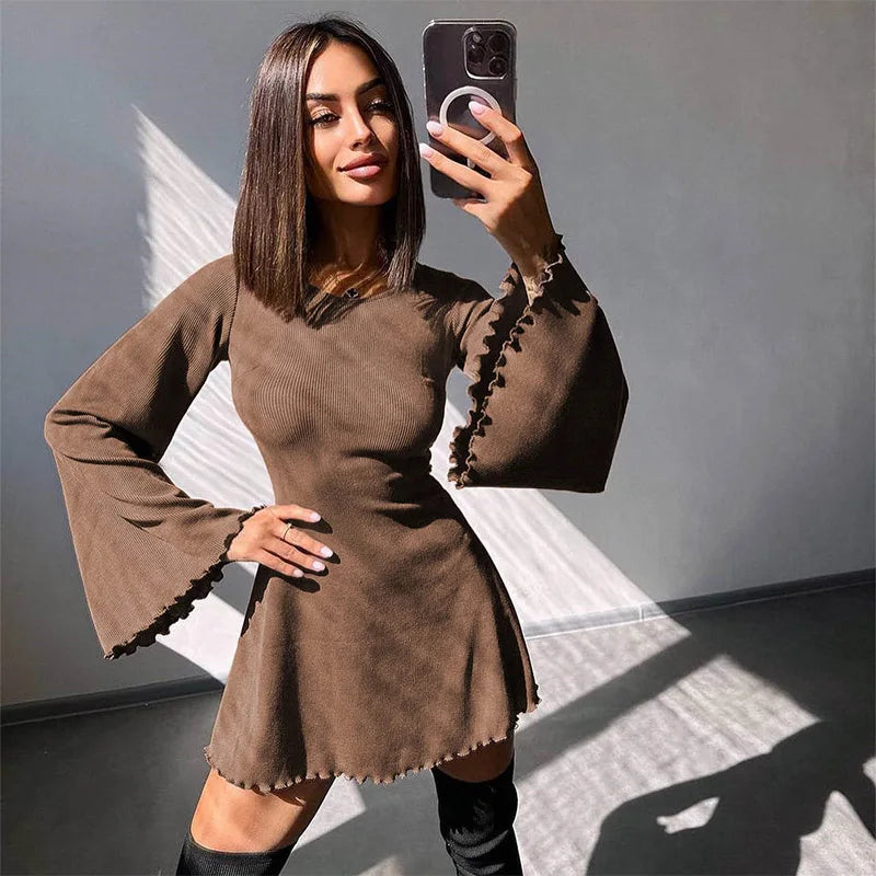 Sexy Dresses Nightclub Mini Short Party Dress Women Back Bandage O Neck a Line Flare Sleeves Autumn Vestidos Ladies Fall Robe