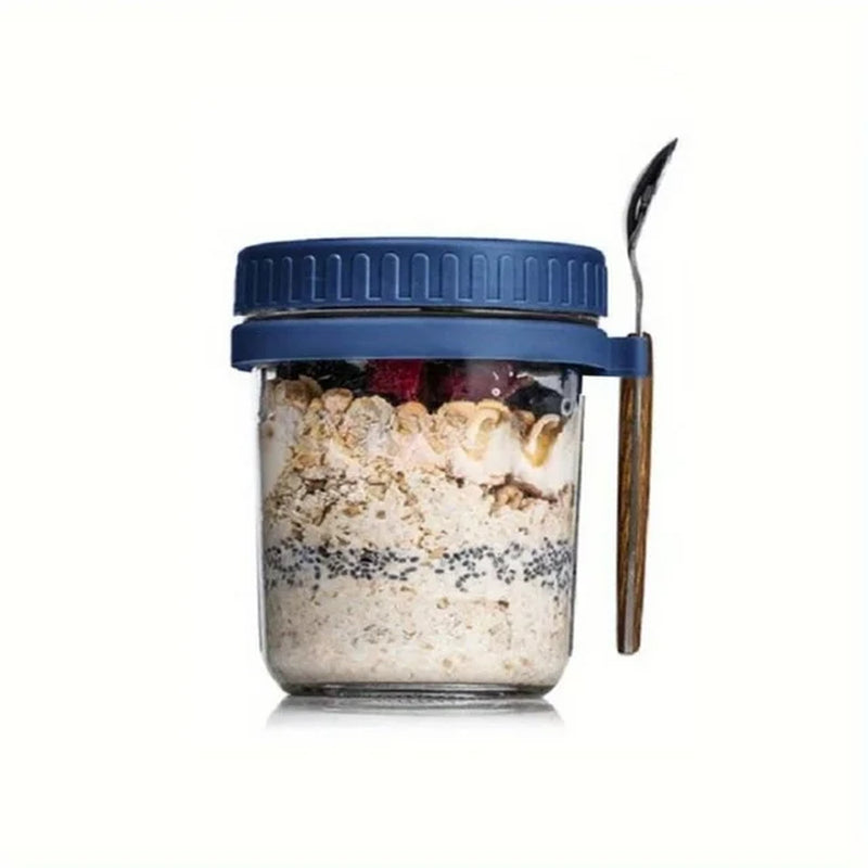 1Pc Overnight Oat Cup Glass with Lid and Spoon 12Oz Seal Food Breakfast Cup Portable Cereal Milk Salad Yogurt Cup