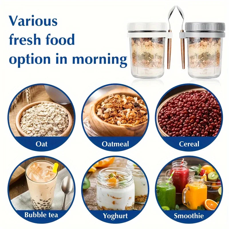 1Pc Overnight Oat Cup Glass with Lid and Spoon 12Oz Seal Food Breakfast Cup Portable Cereal Milk Salad Yogurt Cup